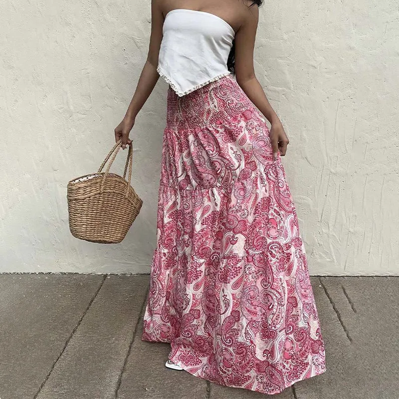 Olivenorma Resort Paisley Print High Waist Tiered Maxi Damenkleid