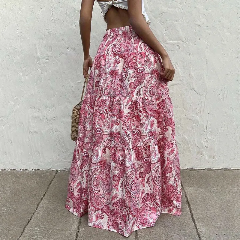 Olivenorma Resort Paisley Print High Waist Tiered Maxi Damenkleid