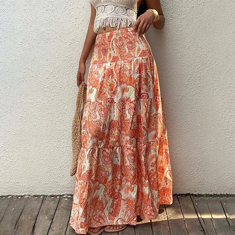 Olivenorma Resort Paisley Print High Waist Tiered Maxi Damenkleid