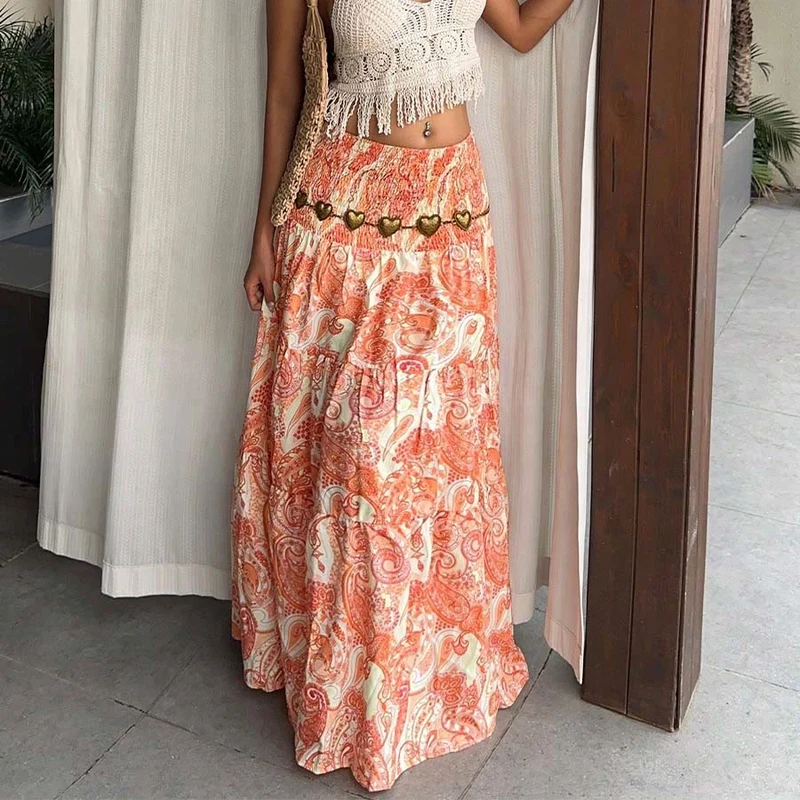 Olivenorma Resort Paisley Print High Waist Tiered Maxi Damenkleid