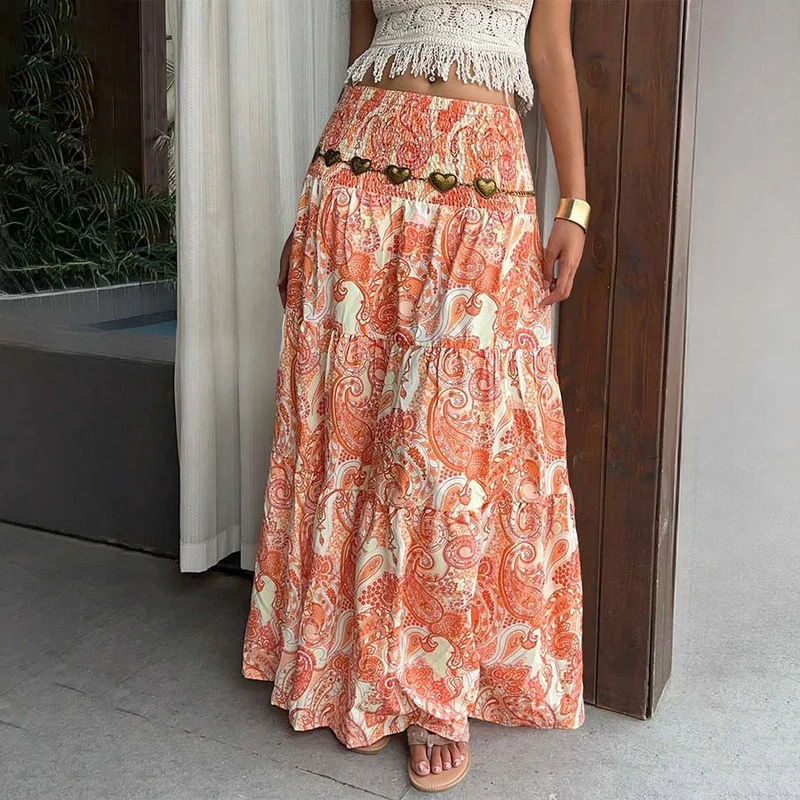 Olivenorma Resort Paisley Print High Waist Tiered Maxi Damenkleid