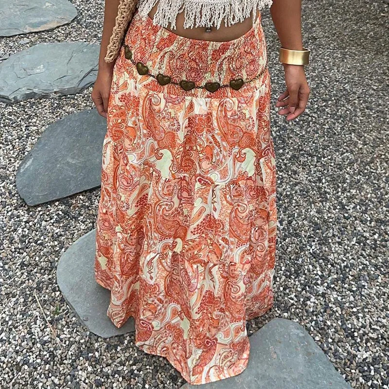 Olivenorma Resort Paisley Print High Waist Tiered Maxi Damenkleid