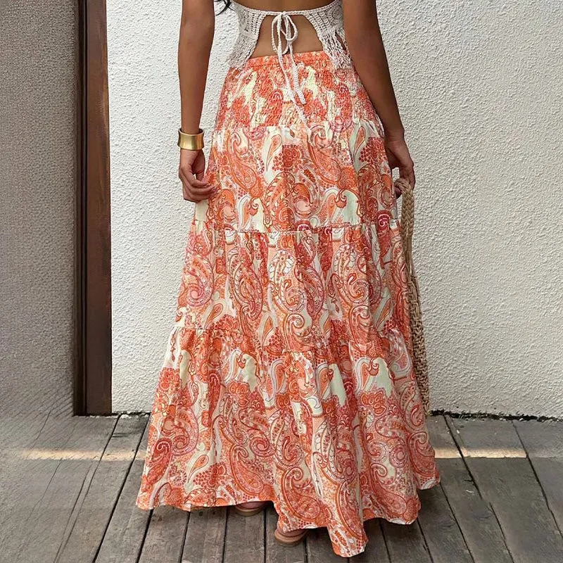 Olivenorma Resort Paisley Print High Waist Tiered Maxi Damenkleid