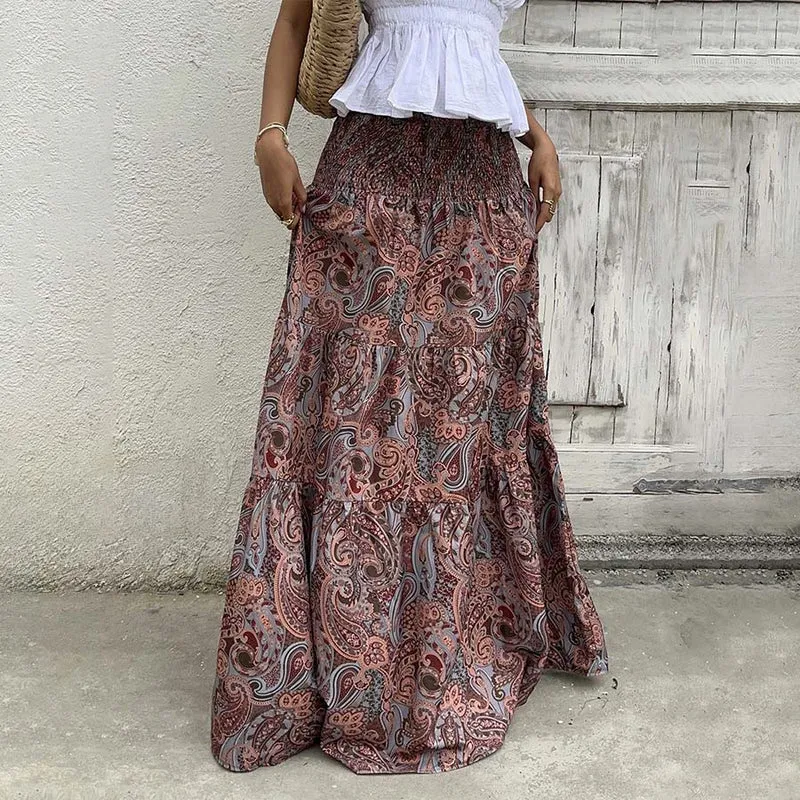 Olivenorma Resort Paisley Print High Waist Tiered Maxi Damenkleid