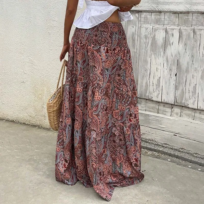 Olivenorma Resort Paisley Print High Waist Tiered Maxi Damenkleid