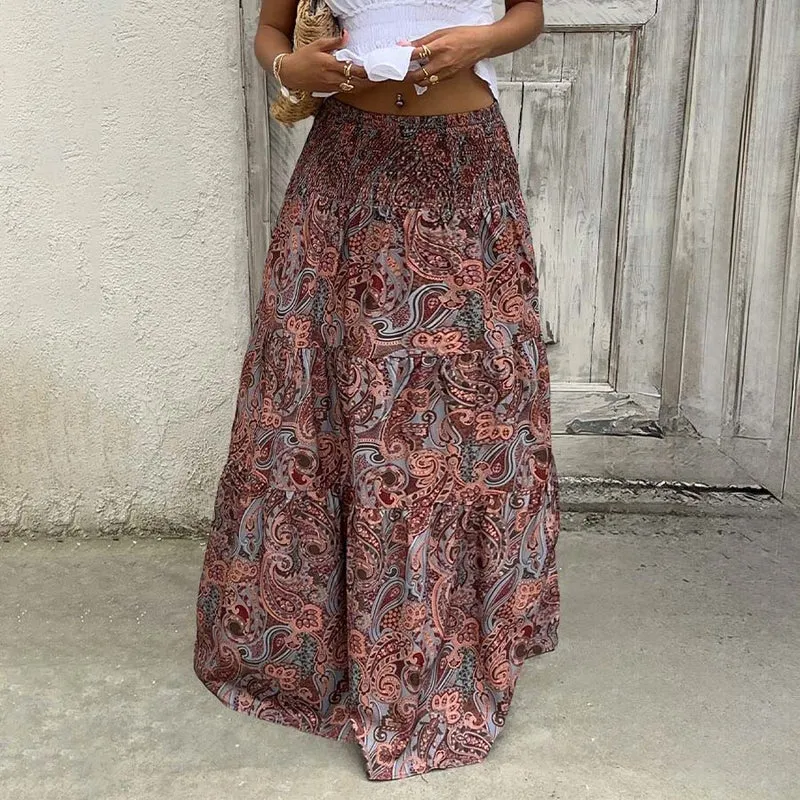 Olivenorma Resort Paisley Print High Waist Tiered Maxi Damenkleid