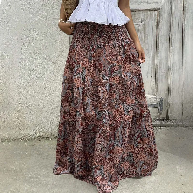 Olivenorma Resort Paisley Print High Waist Tiered Maxi Damenkleid