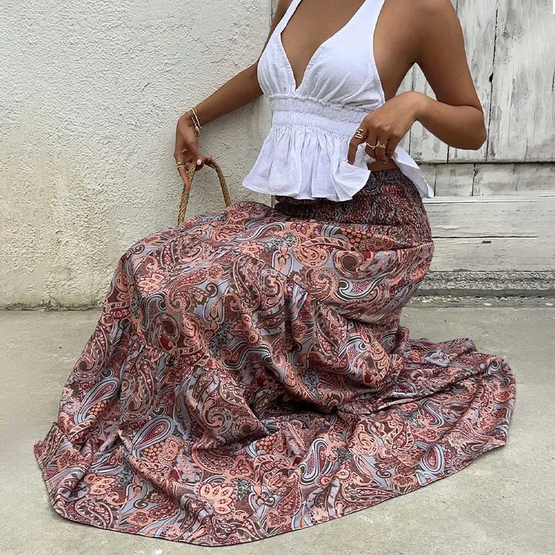 Olivenorma Resort Paisley Print High Waist Tiered Maxi Damenkleid
