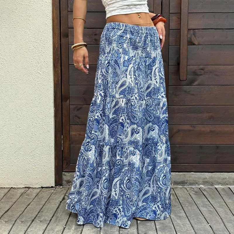 Olivenorma Resort Paisley Print High Waist Tiered Maxi Damenkleid