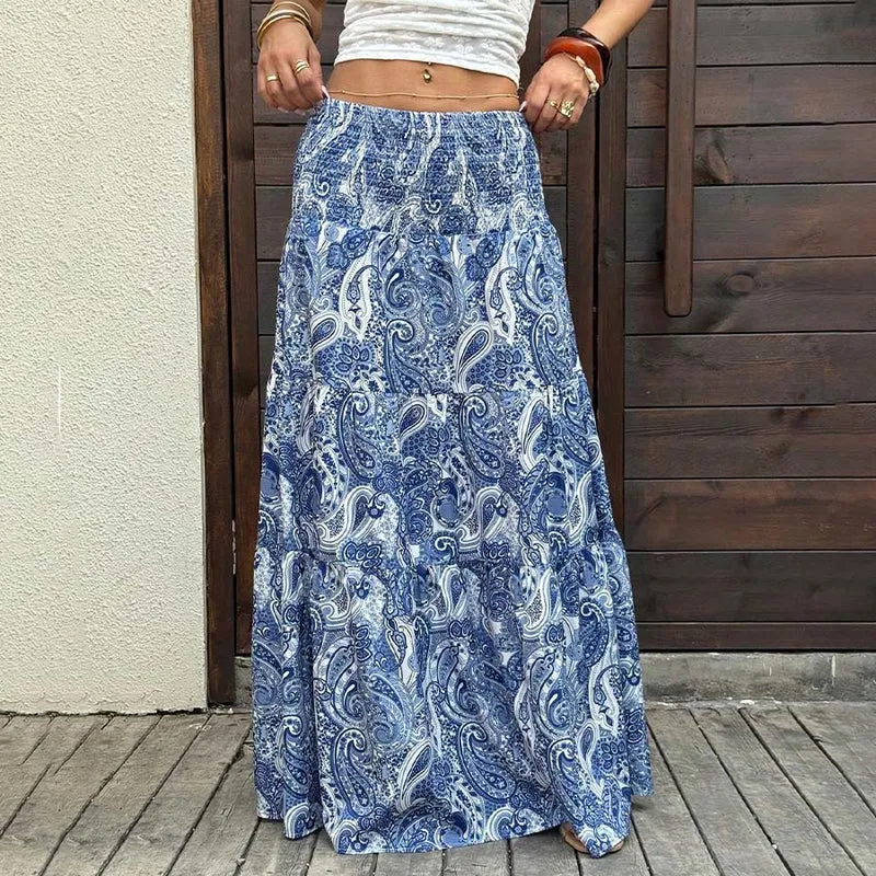 Olivenorma Resort Paisley Print High Waist Tiered Maxi Damenkleid