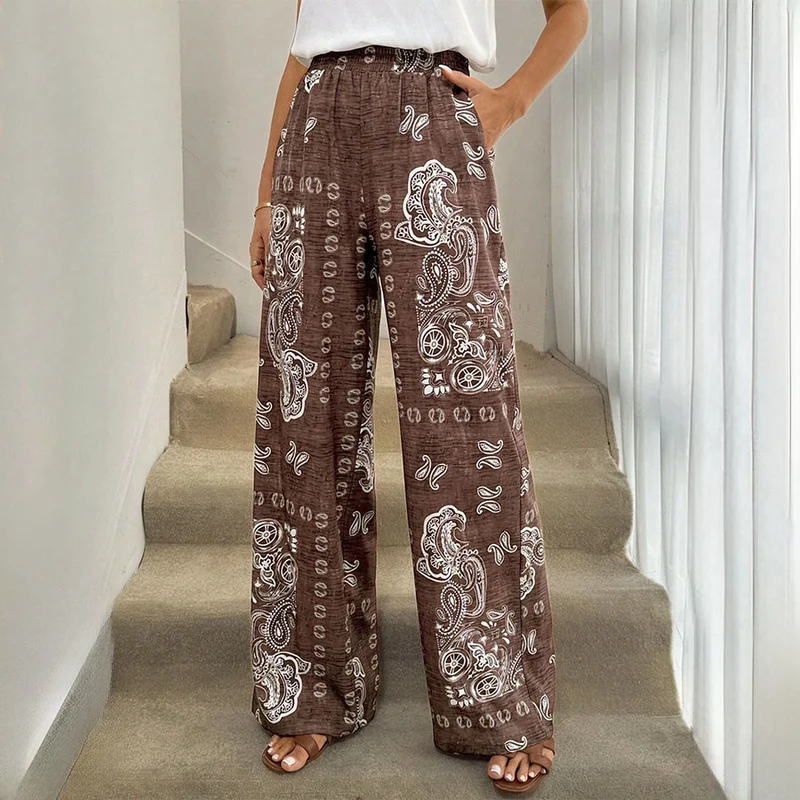 Olivenorma Retro Paisley Bandana Print Elastische High Waist Wide Leg Damenhose