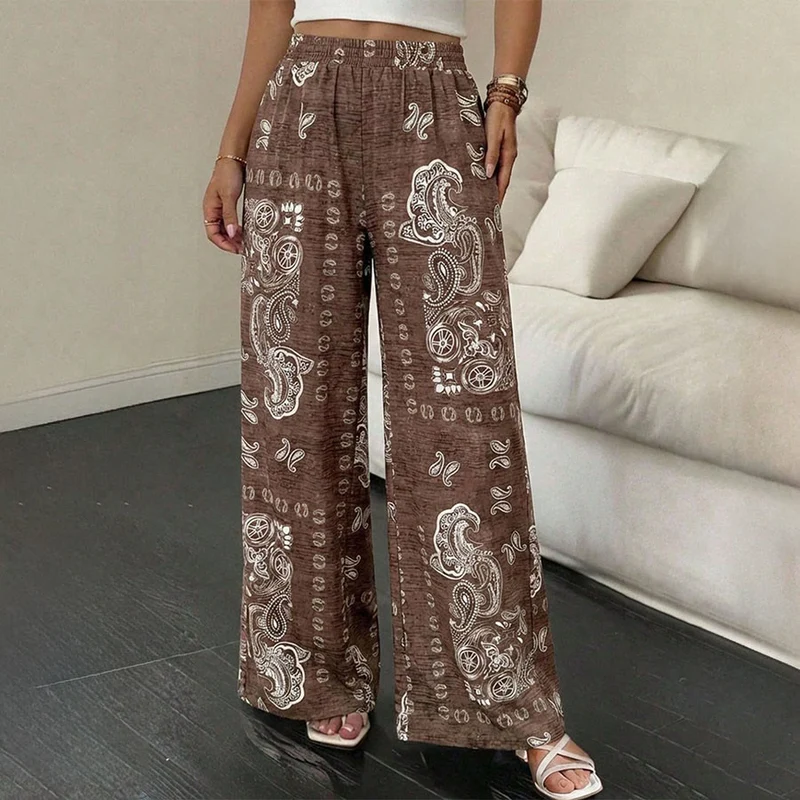 Olivenorma Retro Paisley Bandana Print Elastische High Waist Wide Leg Damenhose