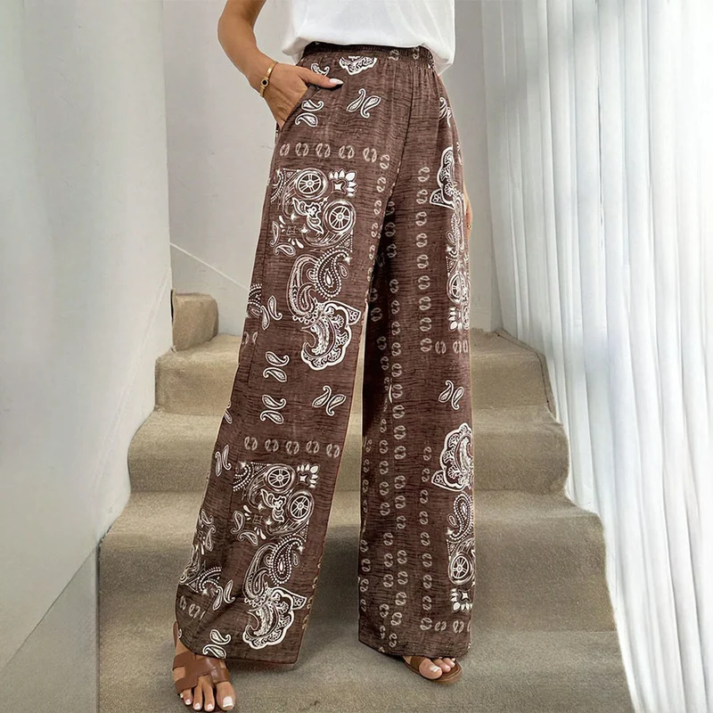 Olivenorma Retro Paisley Bandana Print Elastische High Waist Wide Leg Damenhose