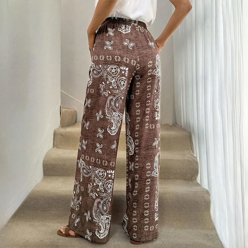 Olivenorma Retro Paisley Bandana Print Elastische High Waist Wide Leg Damenhose