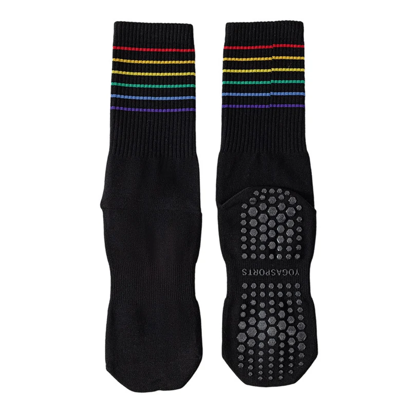 Olivenorma Regenbogenstreifen Crew-Länge Rutschfeste, stoßdämpfende Damen-Yogasocken