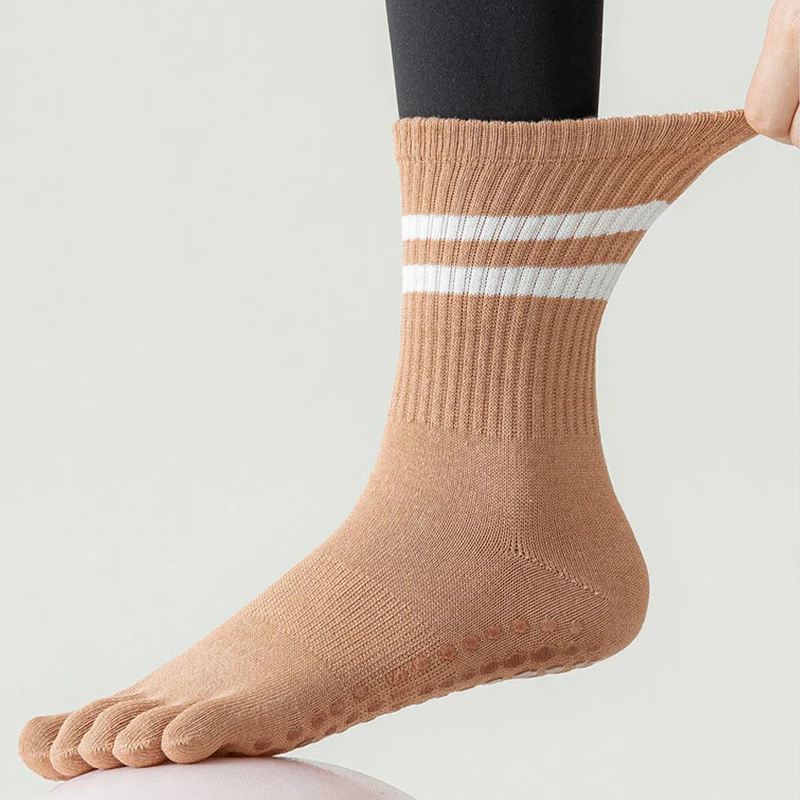 Olivenorma Damen-Yogasocken mit Silikonsohle, rutschfester Sohle, gepolstert, elastisch, gestrickt, Crew-Länge