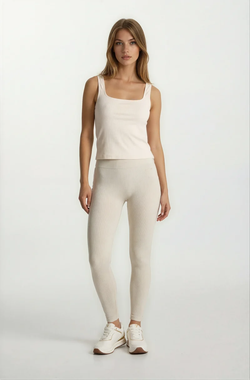 Seamless Ribbed Push-Up High Waist Skinny 7/8 Leggings - Cannoli Cream White - Made in Italy