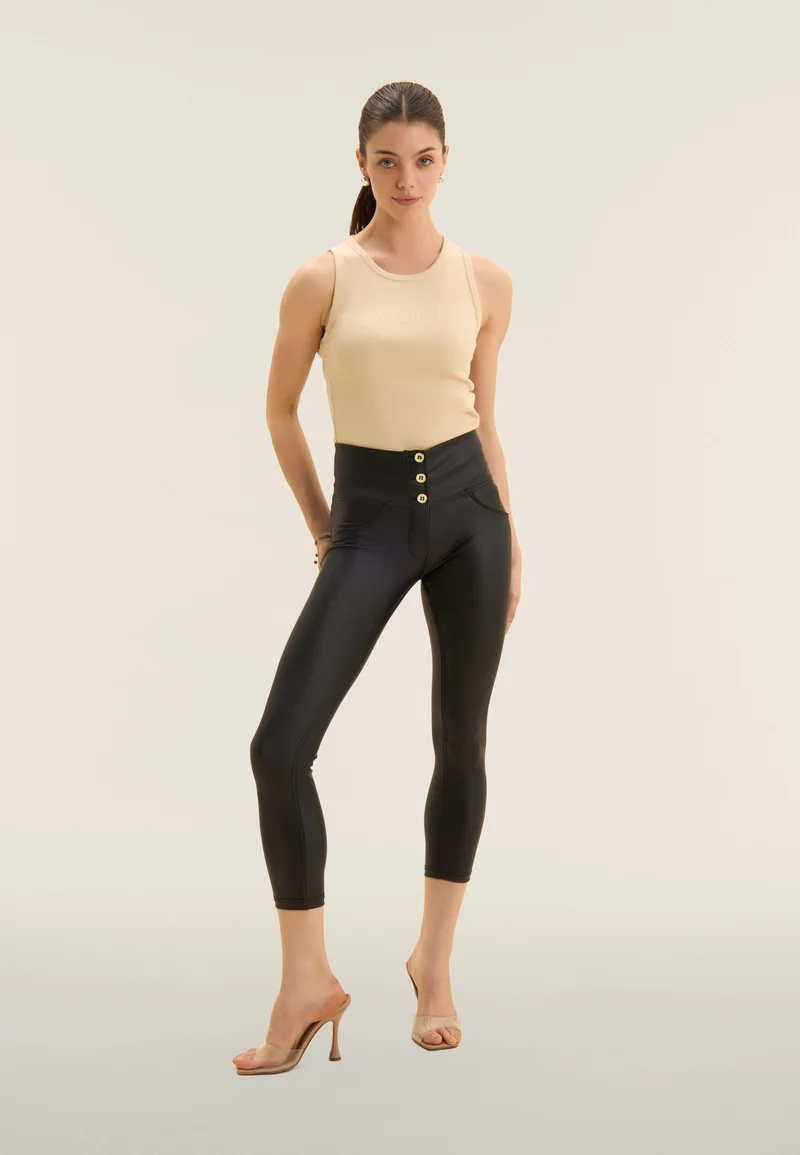 WR.UP Push-Up Button High Waist Skinny 7/8 Vegan Leather Pant - Black