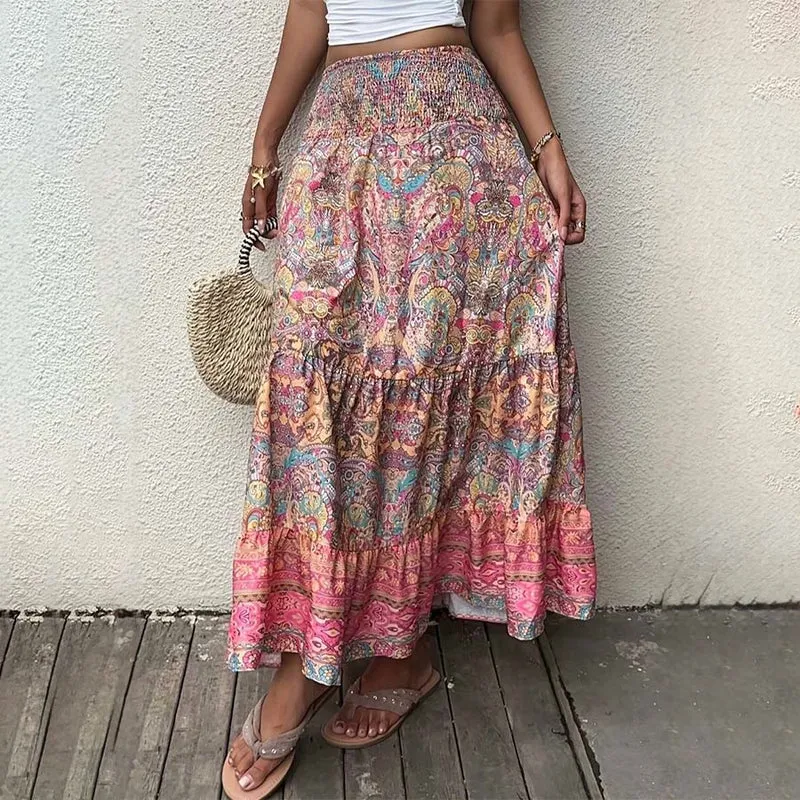 Olivenorma Boho-Maxikleid mit Paisley-Print, geraffter, hochtaillierter Stufenrock und hoher Taille für Damen