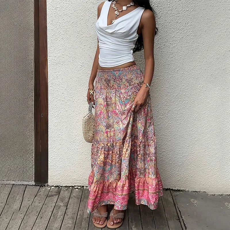 Olivenorma Boho-Maxikleid mit Paisley-Print, geraffter, hochtaillierter Stufenrock und hoher Taille für Damen