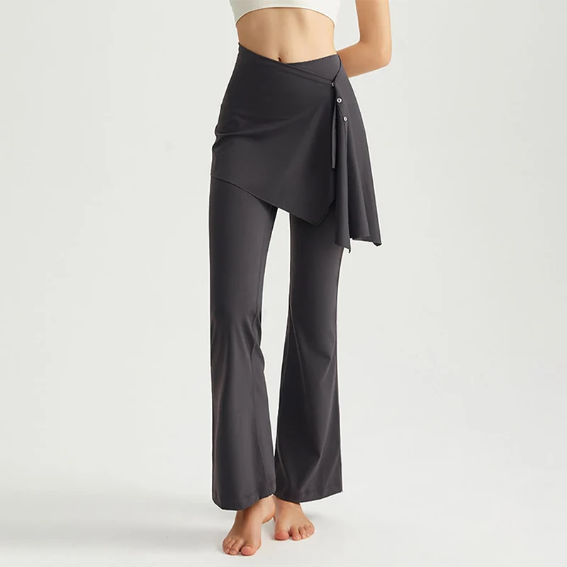 Olivenorma Asymmetrischer Rock mit Overlay-Knopfdetails, hochtaillierte Bootcut-Yogahose für Damen