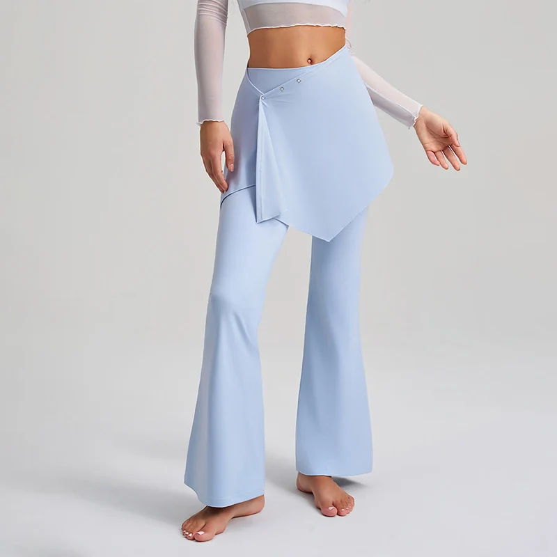 Olivenorma Asymmetrischer Rock mit Overlay-Knopfdetails, hochtaillierte Bootcut-Yogahose für Damen