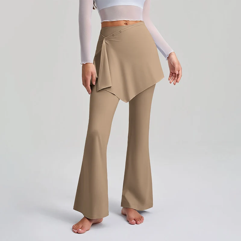 Olivenorma Asymmetrischer Rock mit Overlay-Knopfdetails, hochtaillierte Bootcut-Yogahose für Damen