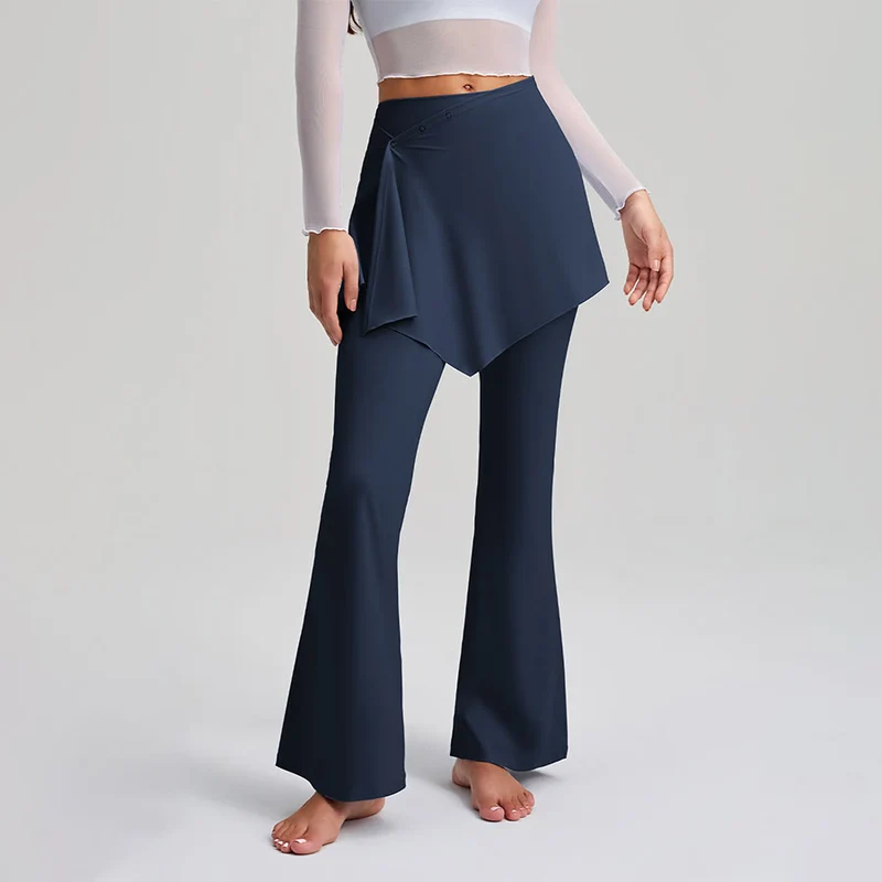 Olivenorma Asymmetrischer Rock mit Overlay-Knopfdetails, hochtaillierte Bootcut-Yogahose für Damen