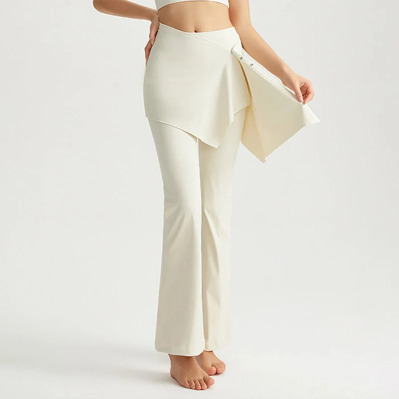 Olivenorma Asymmetrischer Rock mit Overlay-Knopfdetails, hochtaillierte Bootcut-Yogahose für Damen