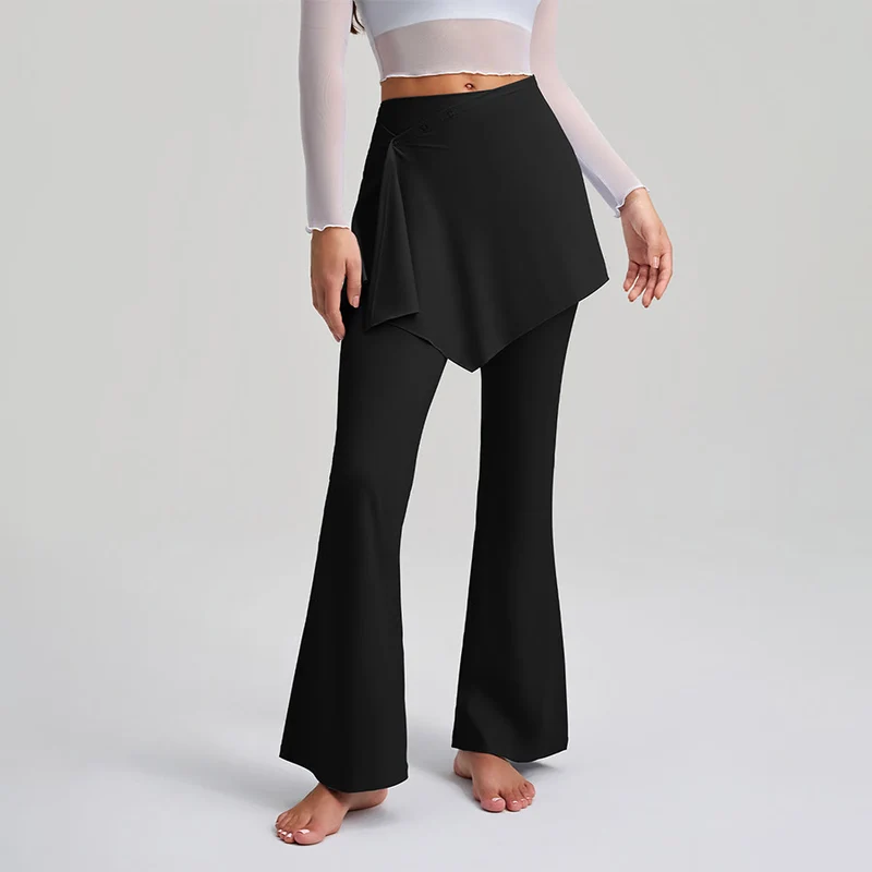 Olivenorma Asymmetrischer Rock mit Overlay-Knopfdetails, hochtaillierte Bootcut-Yogahose für Damen