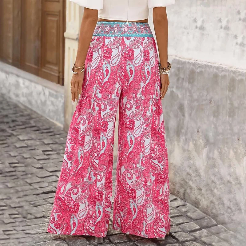 Olivenorma Boho-Hose mit Paisley-Print, gerafftem Bund und weitem Bein für Damen