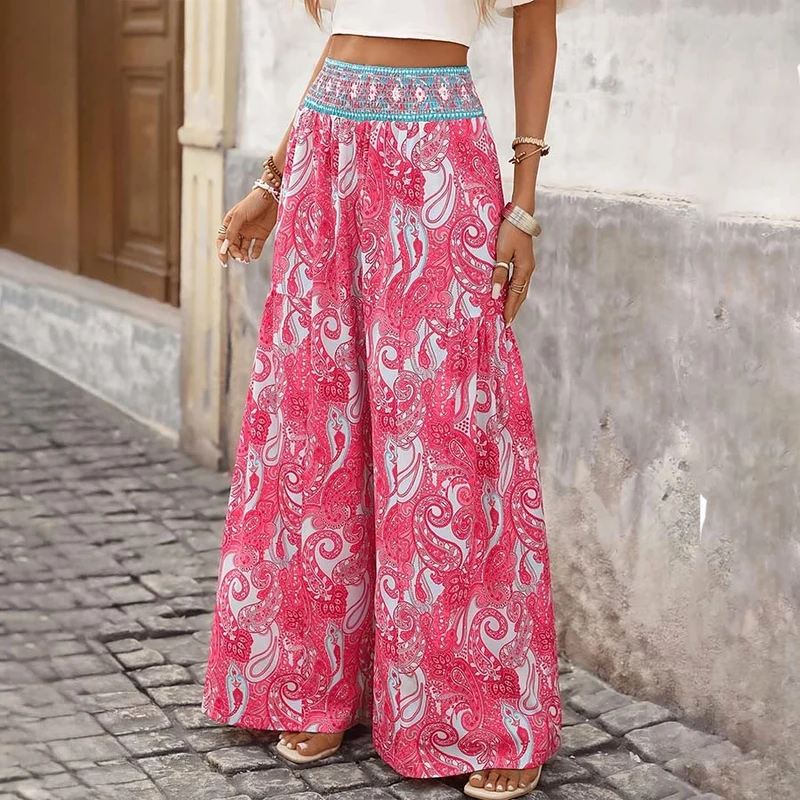 Olivenorma Boho-Hose mit Paisley-Print, gerafftem Bund und weitem Bein für Damen