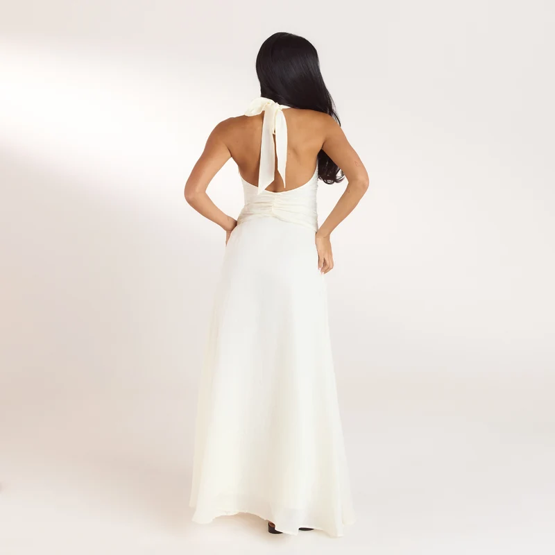 Gerüschtes Tencel Maxikleid - Crèmefarbe