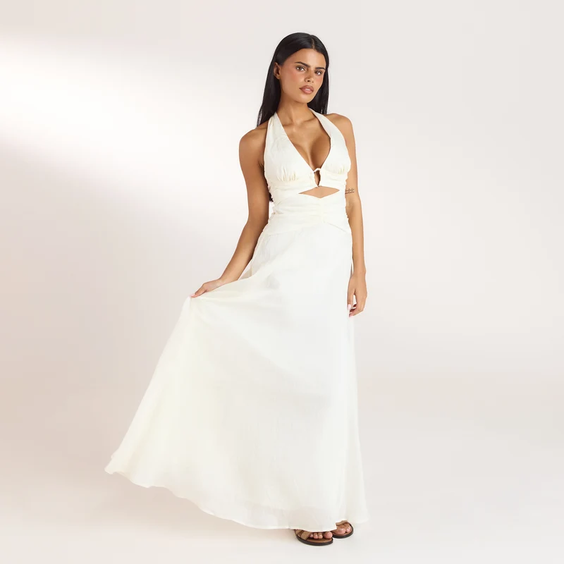 Gerüschtes Tencel Maxikleid - Crèmefarbe
