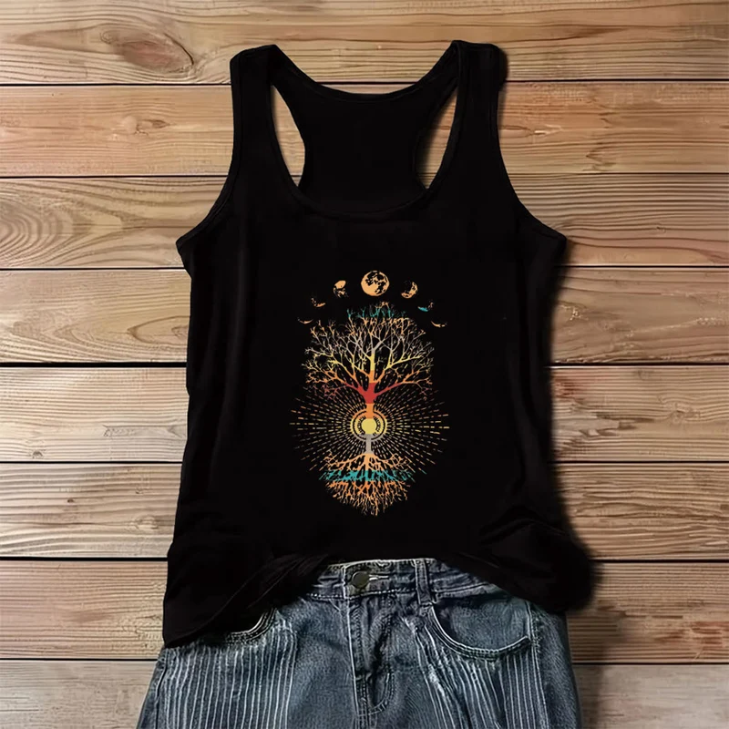 Olivenorma Damen-Tanktop mit Grafikprint: Himmelsbaum des Lebens & Mondphasen