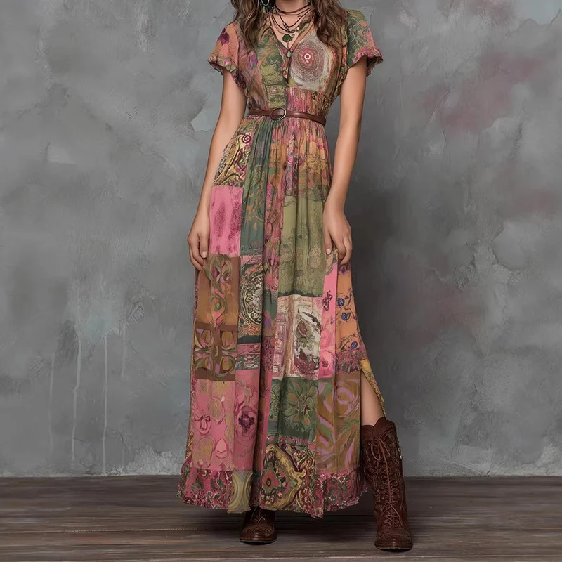 Olivenorma Maxikleid für Damen mit künstlerischem Patchwork-Print, V-Ausschnitt, Knopfleiste vorne und Volantärmeln