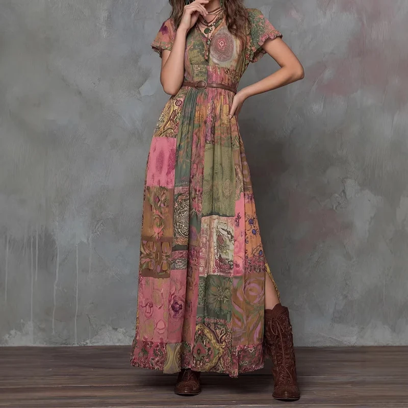 Olivenorma Maxikleid für Damen mit künstlerischem Patchwork-Print, V-Ausschnitt, Knopfleiste vorne und Volantärmeln