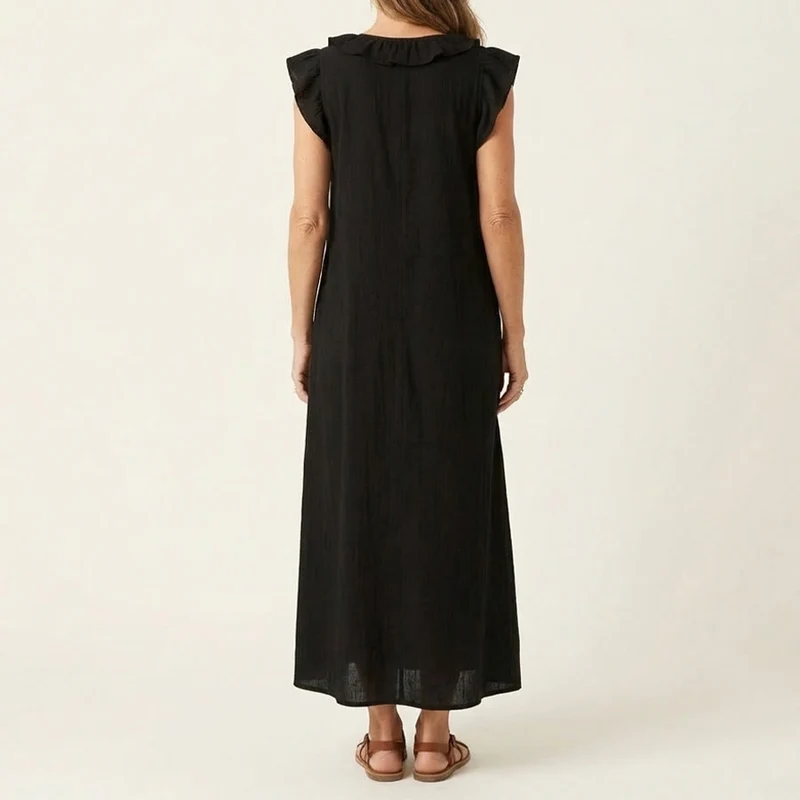 Olivenorma Maxikleid für Damen mit V-Ausschnitt, Rüschenbesatz, kurzen Ärmeln und geraffter Taille
