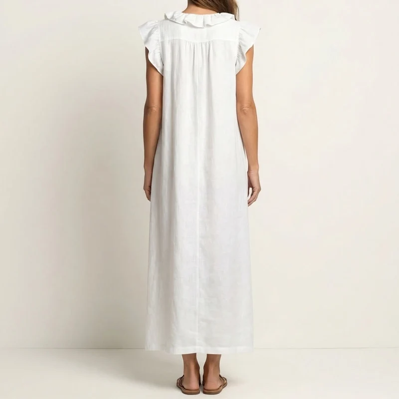 Olivenorma Maxikleid für Damen mit V-Ausschnitt, Rüschenbesatz, kurzen Ärmeln und geraffter Taille