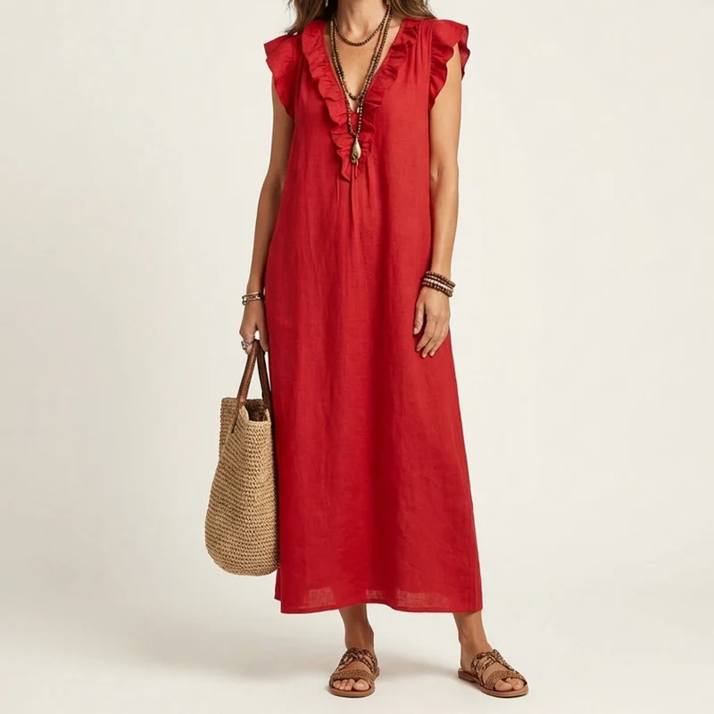Olivenorma Maxikleid für Damen mit V-Ausschnitt, Rüschenbesatz, kurzen Ärmeln und geraffter Taille