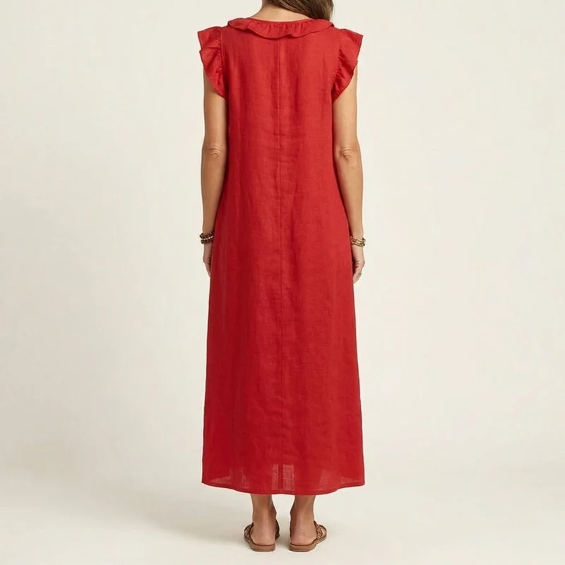 Olivenorma Maxikleid für Damen mit V-Ausschnitt, Rüschenbesatz, kurzen Ärmeln und geraffter Taille