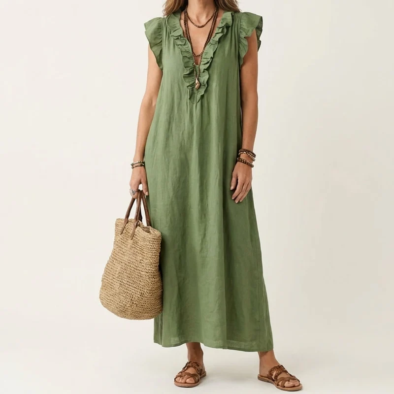 Olivenorma Maxikleid für Damen mit V-Ausschnitt, Rüschenbesatz, kurzen Ärmeln und geraffter Taille