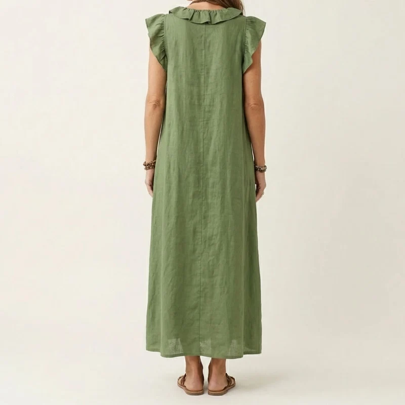 Olivenorma Maxikleid für Damen mit V-Ausschnitt, Rüschenbesatz, kurzen Ärmeln und geraffter Taille