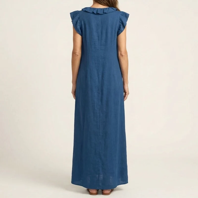 Olivenorma Maxikleid für Damen mit V-Ausschnitt, Rüschenbesatz, kurzen Ärmeln und geraffter Taille