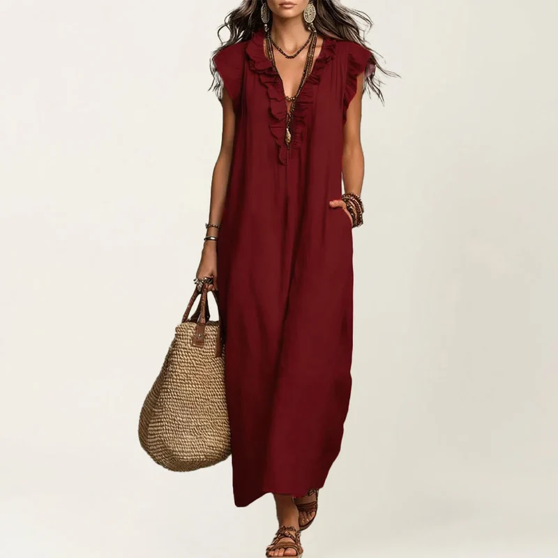 Olivenorma Maxikleid für Damen mit V-Ausschnitt, Rüschenbesatz, kurzen Ärmeln und geraffter Taille