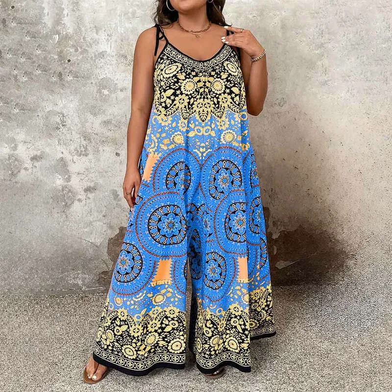 Olivenorma Vintage Blumenmedaillon-Print Spaghettiträger Fließendes Weites Bein Damen-Set