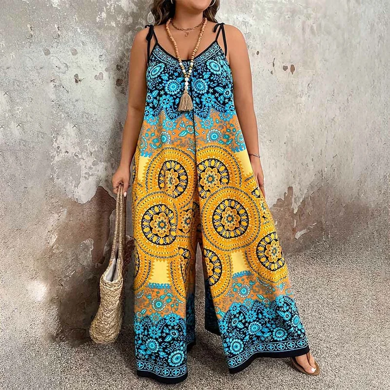 Olivenorma Vintage Blumenmedaillon-Print Spaghettiträger Fließendes Weites Bein Damen-Set