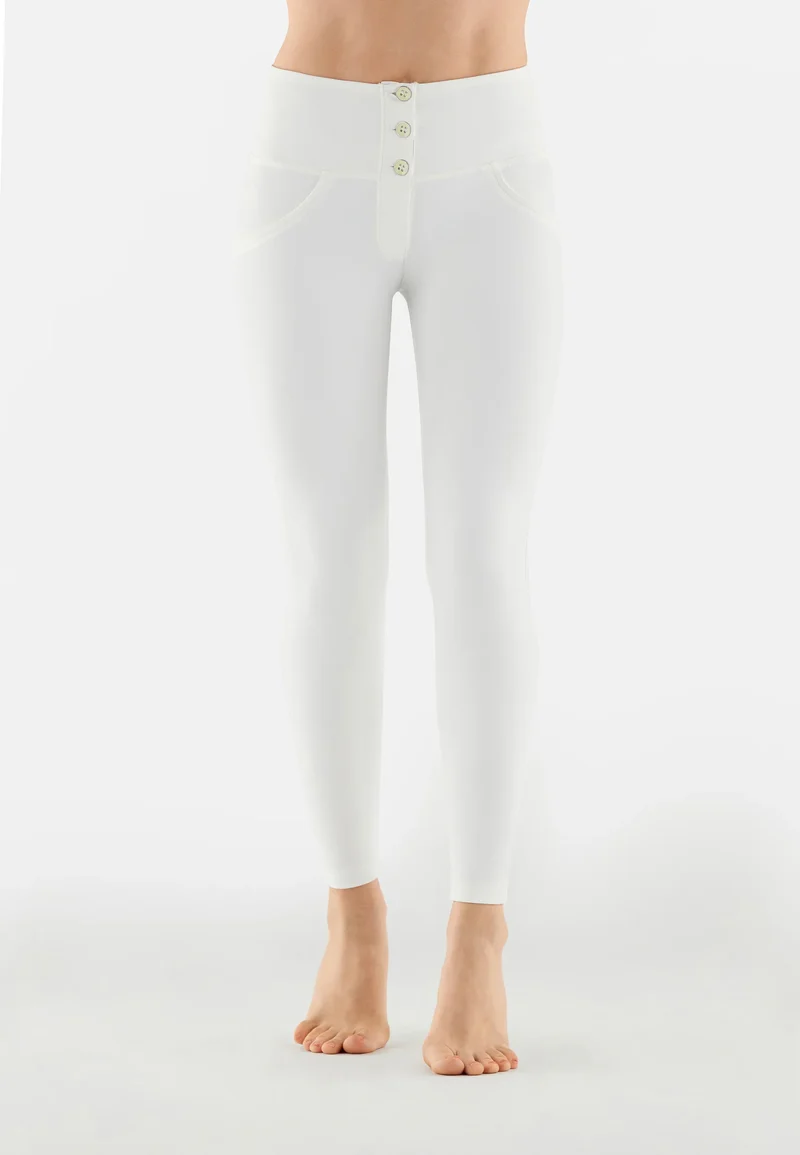 WR.UP Push-Up Button High Waist Skinny Vegan Leather Pant - White