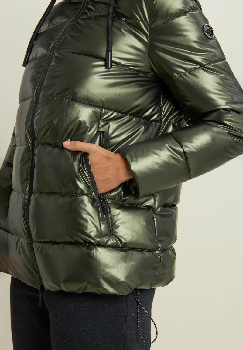 Women's glossy down jacket with protective hood and drawstring - Rosin Green