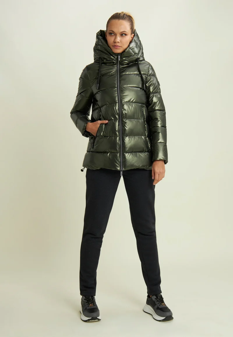 Women's glossy down jacket with protective hood and drawstring - Rosin Green